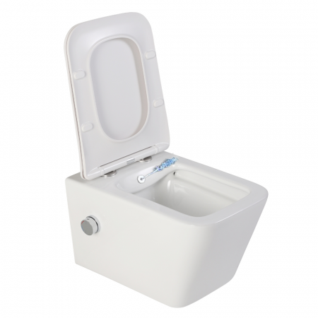 VASE WC - Vas wc suspendat cu functie bideu, dreptunghiular, apă calda/rece, rimless, capac soft close, baterie crom Foglia Safari