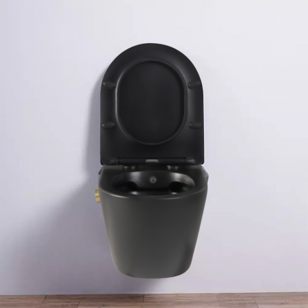 Vas wc suspendat cu functie bideu, negru mat, apă calda/rece, rimless, baterie inclusa auriu mat Foglia Oslo [8]