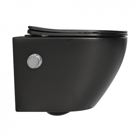 Vas wc suspendat cu functie bideu, negru mat, apă calda/rece, spalare rimless, baterie inclusa crom Foglia Oslo [3]