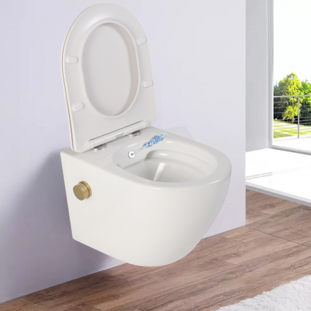 Vas wc suspendat cu functie bideu, semirotund, rimless, apă calda/rece, capac soft close, baterie auriu mat Foglia Oslo [6]