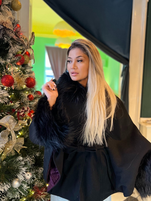 Palton tip capa cu blana negru [2]