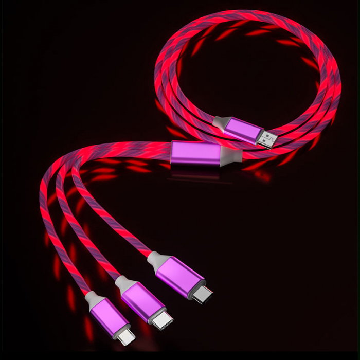 Cablu de incarcare 3 in 1 cu flux de lumina, TIENTEN, compatibil lightning, USB-C, micro USB, pentru Android si iPhone, Fast Charging, 5V, 3A, 1m, Roz. [3]
