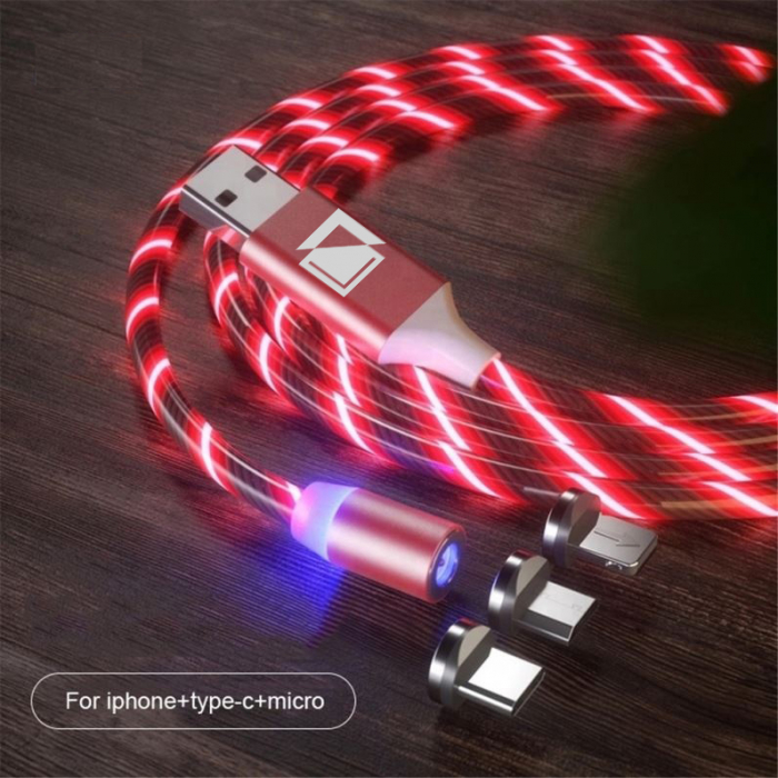 Cablu de incarcare magnetic 3 in 1 cu flux de lumina, conectori USB-C Micro-USB Lightning, 5V, 2A, 1m, rosu, TIENTEN [2]
