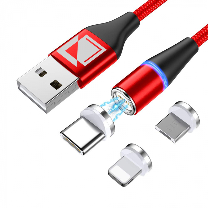 Cablu de incarcare si transfer de date magnetic 3 in 1,Fast Charging, conectori USB-C Micro-USB Lightning, 5V, 3A, 1m, rosu, TIENTEN [1]