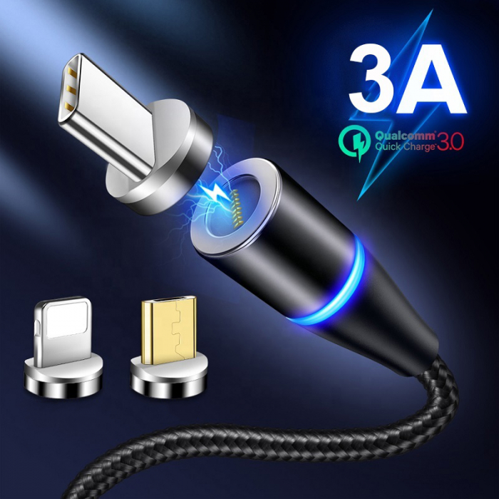 Cablu de incarcare si transfer de date magnetic 3 in 1,Fast Charging, conectori USB-C Micro-USB Lightning, 5V, 3A, 1m, rosu, TIENTEN [7]