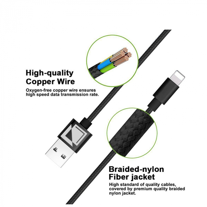 Cablu de incarcare si transfer de date USB la Lightning, 5V, 2A, 2m, negru, TIENTEN [5]