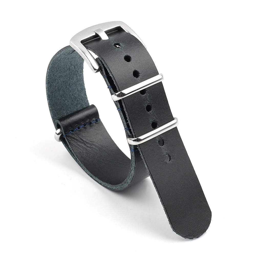 Curea ceas NATO piele naturala dintr-o singura bucata, Tienten, catarama argintie, 22mm, TT01, negru [1]