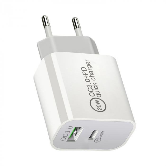 Incarcator priza PD, incarcare rapida 20w, QC 3.0, 2 porturi, USB, USB-C, alb [2]