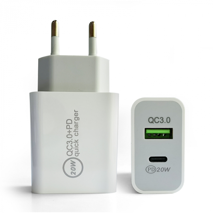 Incarcator priza PD, incarcare rapida 20w, QC 3.0, 2 porturi, USB, USB-C, alb [4]