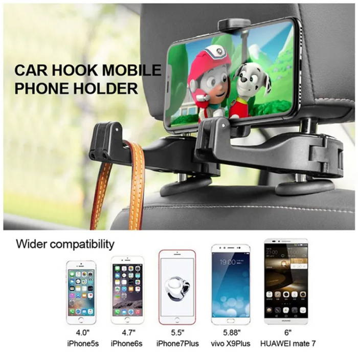 Suport auto universal pentru telefon, TIENTEN, cu prindere de tetiera, reglabil, negru [6]