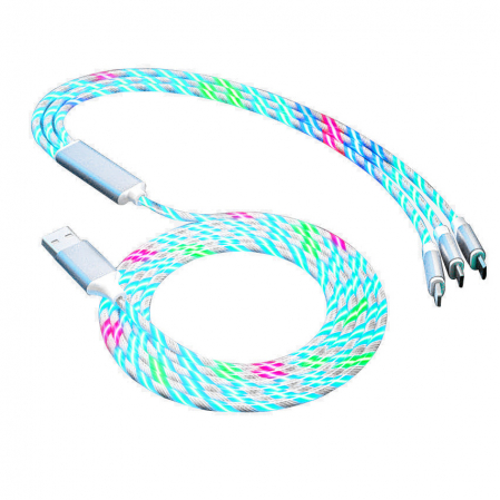 Cabluri de date - Cablu de incarcare 3 in 1 cu flux de lumina, TIENTEN, compatibil lightning, USB-C, micro USB, pentru Android si iPhone, Fast Charging, 5V, 3A, 1m, Multicolor