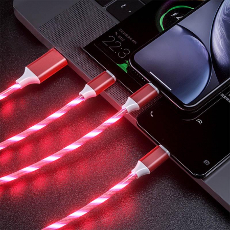 Cablu de incarcare 3 in 1 cu flux de lumina, TIENTEN, compatibil lightning, USB-C, micro USB, pentru Android si iPhone, Fast Charging, 5V, 3A, 1m, Roz. [8]