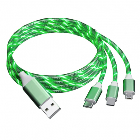 Cabluri de date - Cablu de incarcare 3 in 1 cu flux de lumina, TIENTEN, compatibil lightning, USB-C, micro USB, pentru Android si iPhone, Fast Charging, 5V, 3A, 1m, Verde
