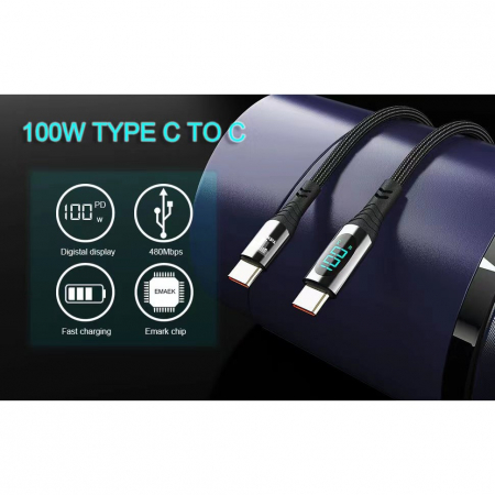 Cablu de incarcare si transfer de date USB-C 100W, TIENTEN, incarcare rapida, 5A, afisaj led, USB-C la USB-C, 2m, negru [1]