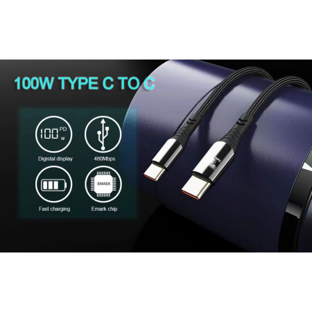 Cablu de incarcare si transfer de date USB-C 100W, TIENTEN, incarcare rapida, 5A, USB-C la USB-C, 2m, negru [3]