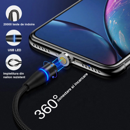 Cablu de incarcare si transfer de date magnetic 3 in 1, Fast Charging, conectori magnetici USB-C Micro-USB Lightning, 5V, 3A, 1m, negru, TIENTEN [2]