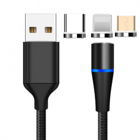 Cablu de incarcare si transfer de date magnetic 3 in 1, Fast Charging, conectori magnetici USB-C Micro-USB Lightning, 5V, 3A, 1m, negru, TIENTEN [4]