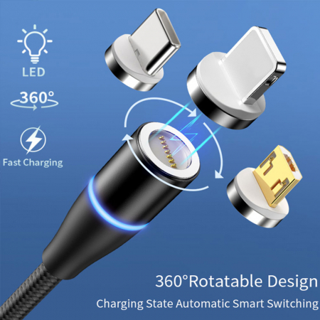Cablu de incarcare si transfer de date magnetic 3 in 1, Fast Charging, conectori magnetici USB-C Micro-USB Lightning, 5V, 3A, 1m, negru, TIENTEN [5]