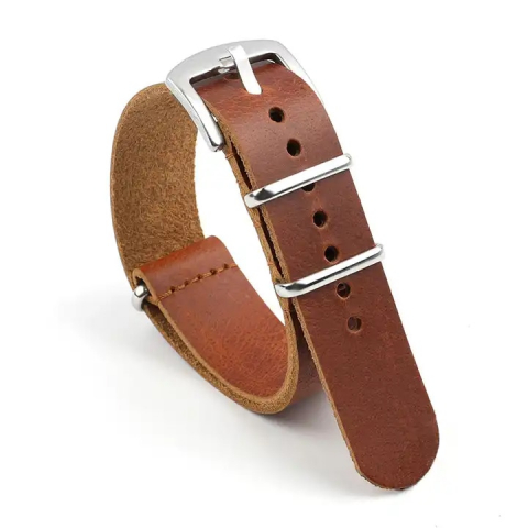Wearables & Gadgeturi - Curea ceas NATO piele naturala dintr-o singura bucata, Tienten, catarama argintie, 20mm, TT01, maro