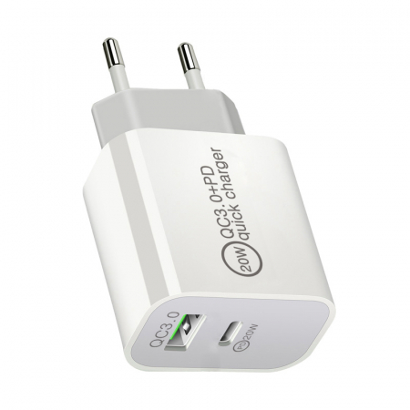 Incarcator priza PD, incarcare rapida 20w, QC 3.0, 2 porturi, USB, USB-C, alb [1]
