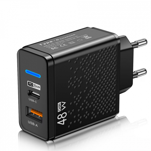 Incarcatoare telefoane - Incarcator retea 48W fast charger, TienTen, tehnologie GaN, dual port USB + type C, PD, portabil, negru