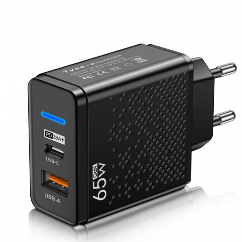 Incarcatoare telefoane - Incarcator retea 65W fast charger, TienTen, tehnologie GaN, dual port USB + type C, PD, portabil, negru