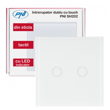 Intrerupator dublu cu touch PNI SH202 din sticla, alb cu LED indicator [5]