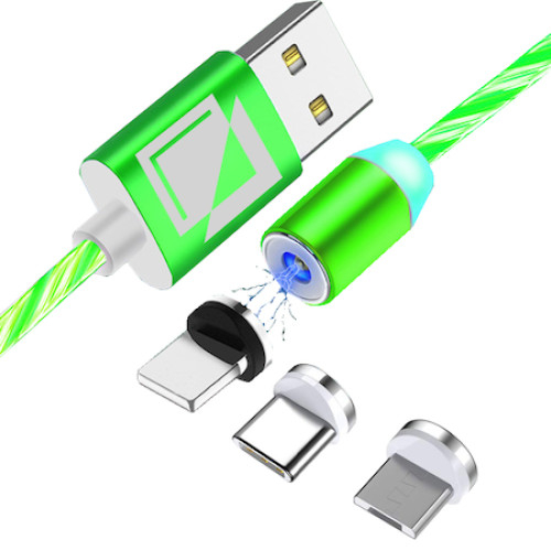 exposition distress Officials Cablu de incarcare magnetic 3 in 1 cu flux de lumina TIENTEN, conectori  USB-C Micro-USB Lightning, pentru Android si iPhone, 5V, 2A, 1m, Verde