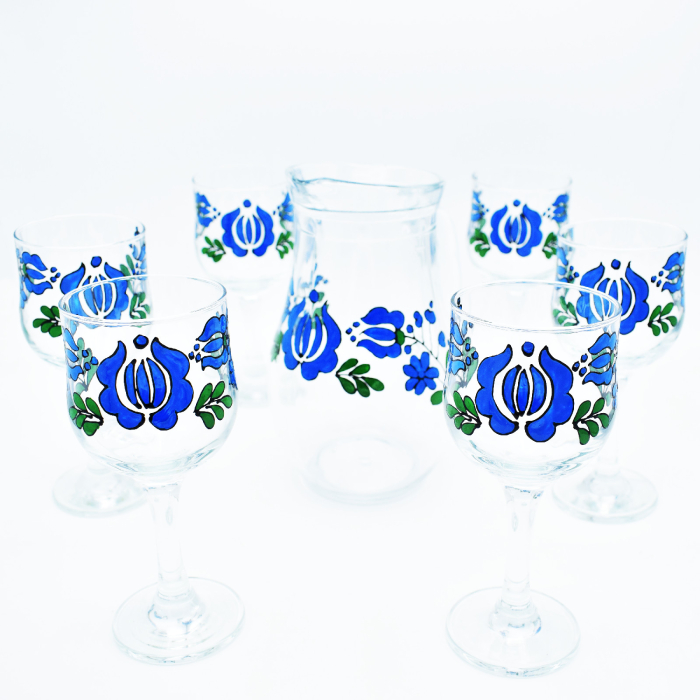 set-pahare-și-carafă-pentru-vin-pictat-manual-albastru [3]