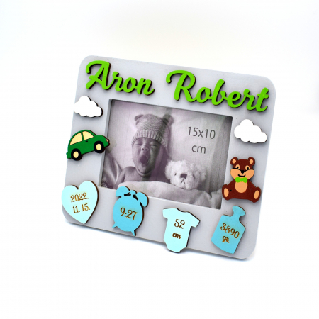 Rame foto personalizate - rama-personalizata-nou-nascut-masinute-ursuleti-gri