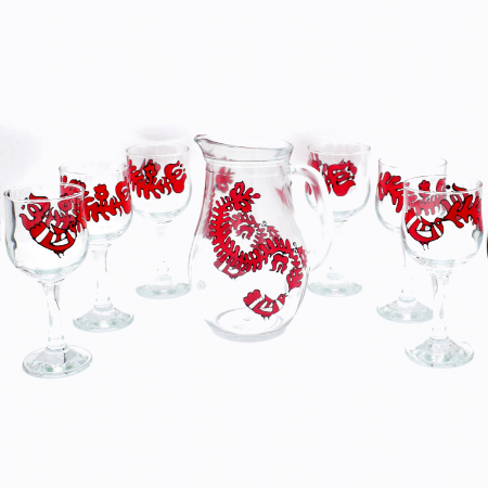 Cadouri - set-pahare-și-carafă-pentru-vin-pictat-manual-motive-florale-cu-pasare