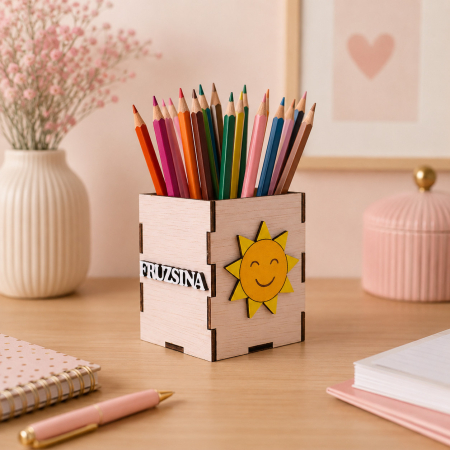 Camera copilului - suport-din-lemn-pentru-creioane-personalizat-soare