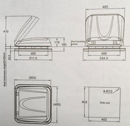 Trapă de acoperiș cu geam termopan, plasă de insecte și jaluzele opace 400×400 [7]