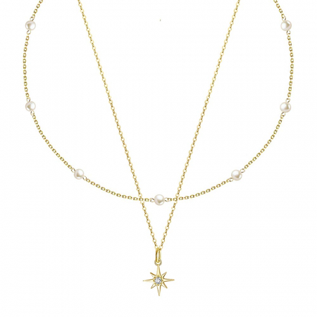 Seturi Bijuterii - Set colier cu perle naturale Pearl Chain Gold și lanț din argint cu pandantiv Bright Star