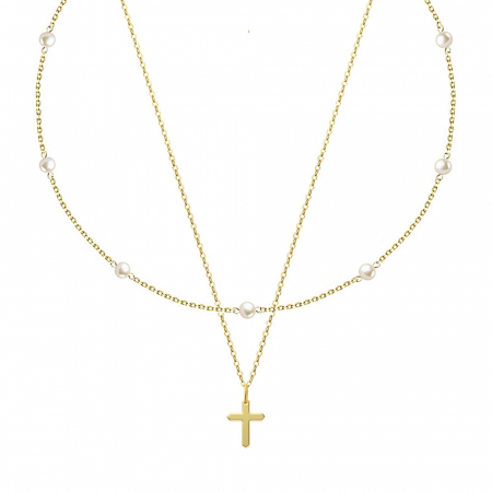 Seturi Bijuterii - Set colier cu perle naturale Pearl Chain Gold și lanț din argint cu pandantiv Cruce