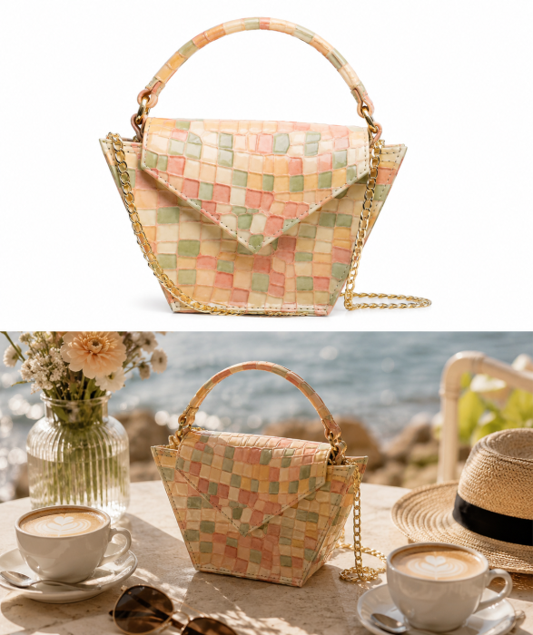 Mozaic Trapeze — Geantă Handmade Piele Naturală Mozaic Pastel cu Mâner | Colecția Boheme Iconic Titi Valenti [3]