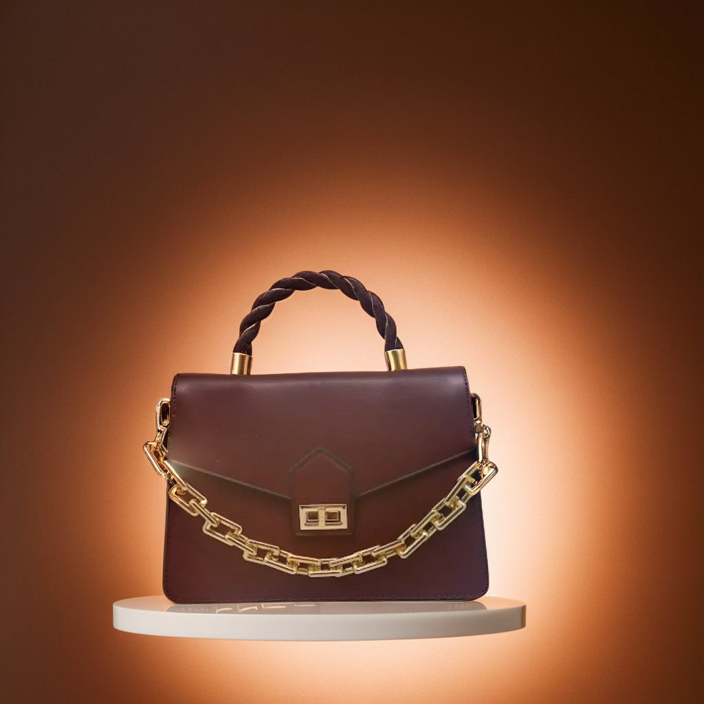 Geantă Burgundy cu Mâner Împletit și Lant Auriu [2]