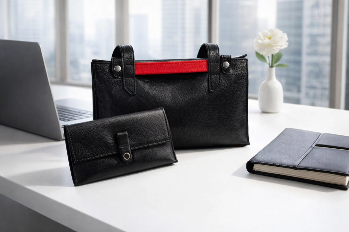 Geanta Dama Gloria Black, piele naturala si portfard [2]