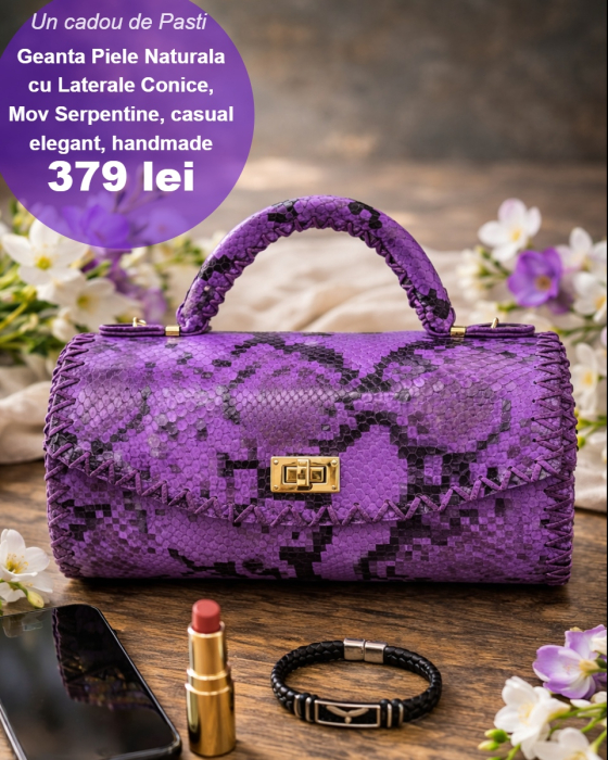 Geanta Piele cu Laterale Conice Mov Serpentine [4]