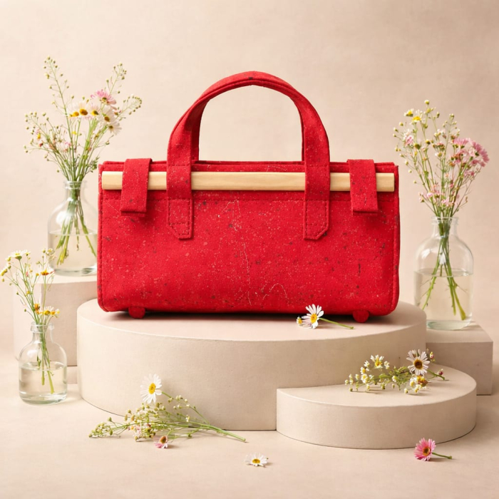 Geantă Unicat Handmade Scarlet Wood Piele Naturală Roșie cu Lemn [2]