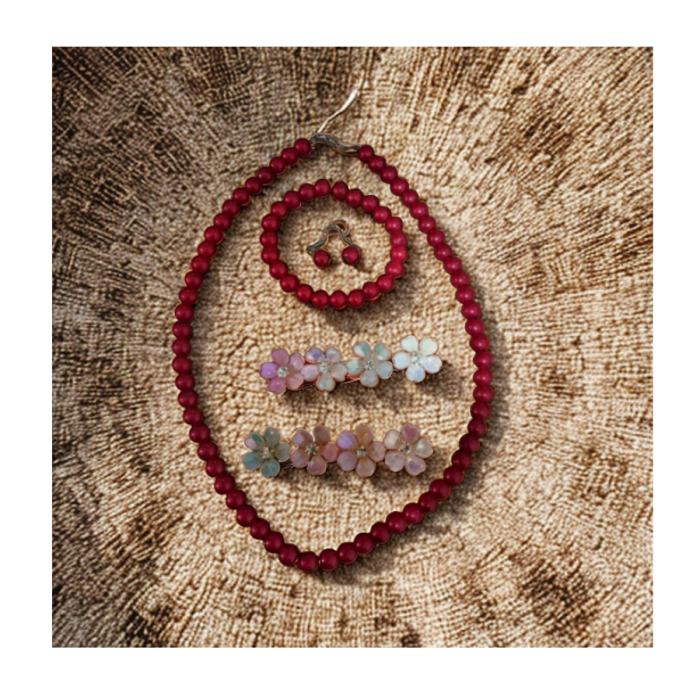 Set Colier Rosu si Clame de Par Floare [1]