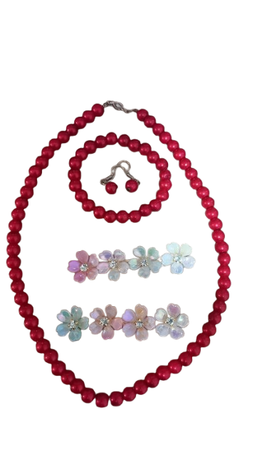 Set Colier Rosu si Clame de Par Floare [2]