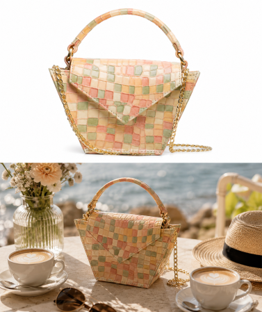 Mozaic Trapeze — Geantă Handmade Piele Naturală Mozaic Pastel cu Mâner | Colecția Boheme Iconic Titi Valenti [2]
