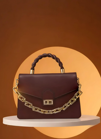 Geantă Burgundy cu Mâner Împletit și Lant Auriu [0]