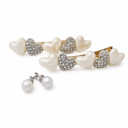 Accesorii - Set Clame de Păr cu Inimi și Cercei Perlați