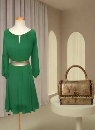 Haine Dama - Set Rochie Verde si Geanta de Mana Aleyna Auriu