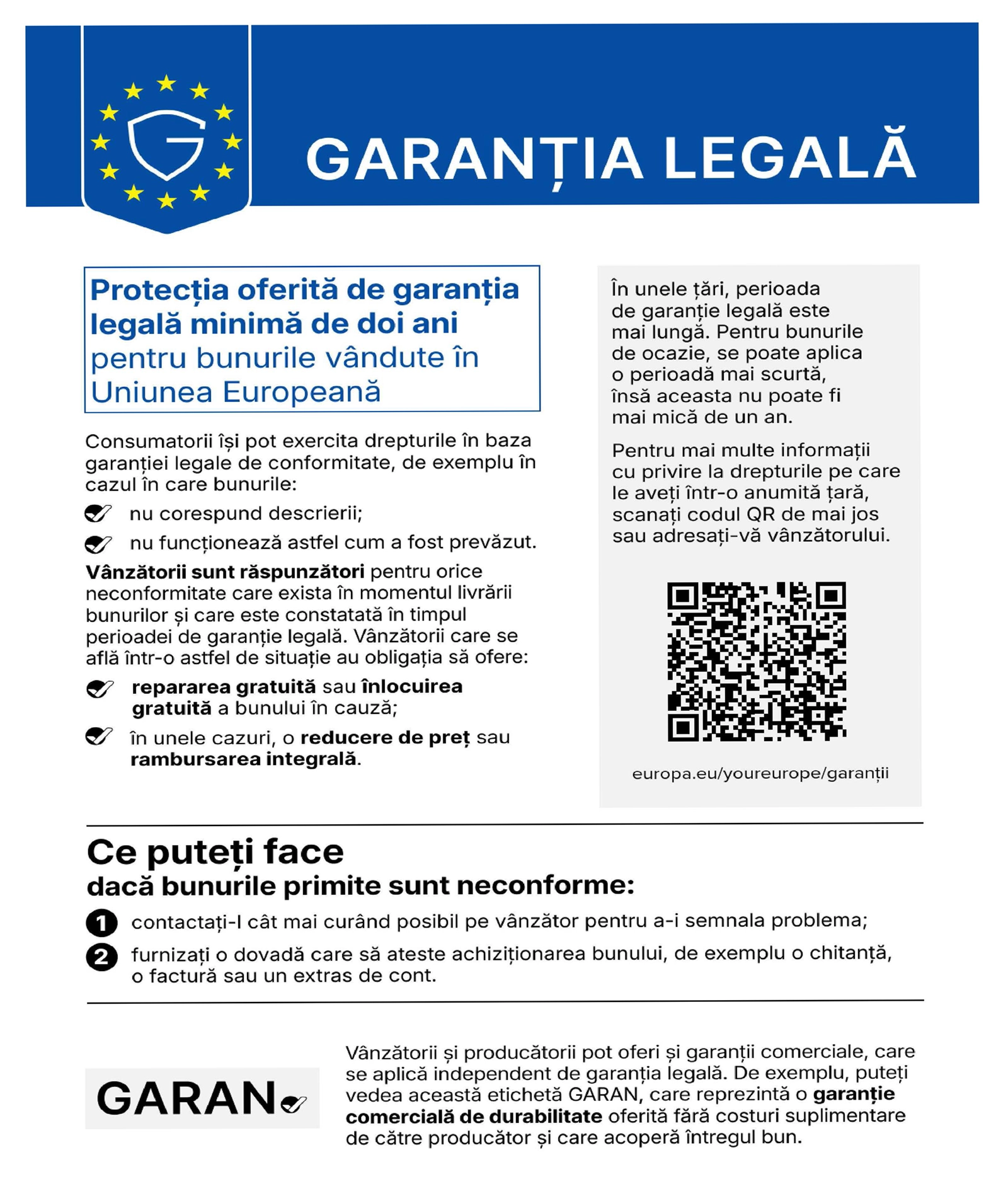 Notificarea oficiala UE privind garantia legala de conformitate de minimum doi ani