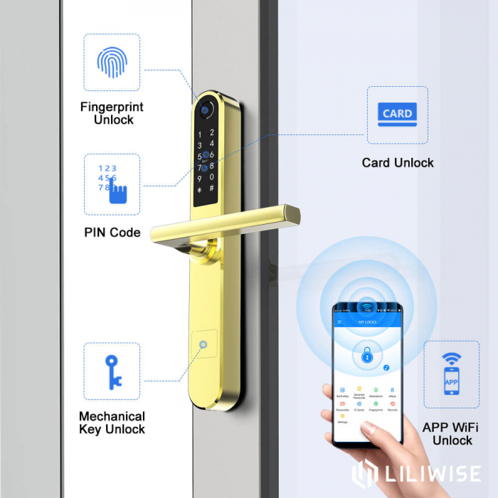 Incuietoare smart pentru usi termopan PVC deschidere cu amprenta, cod, card, telefon, Wi-Fi, Bluetooth, auriu [2]
