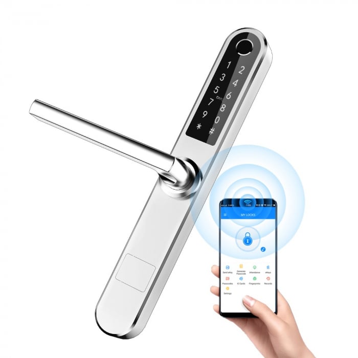 Incuietoare smart pentru usi termopan PVC deschidere cu amprenta, cod, card, telefon, Wi-Fi, Bluetooth, argintiu [1]