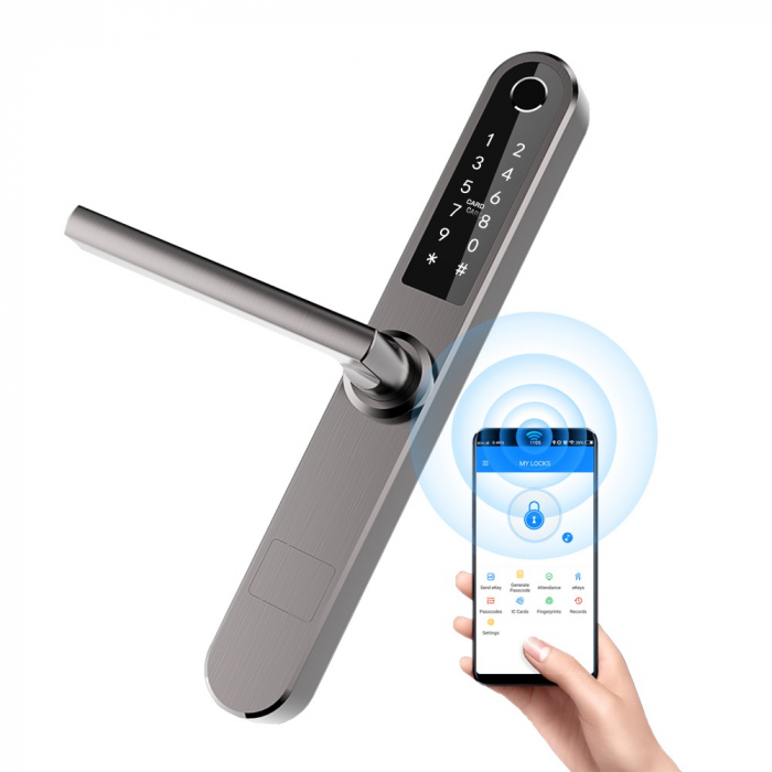 Incuietoare smart pentru usi termopan PVC, deschidere cu amprenta, cod, card, telefon, Wi-Fi, Bluetooth, gri [1]